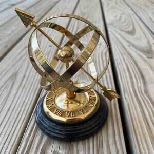 Vintage brass armillary sphere statue marble base arrow sundial globe